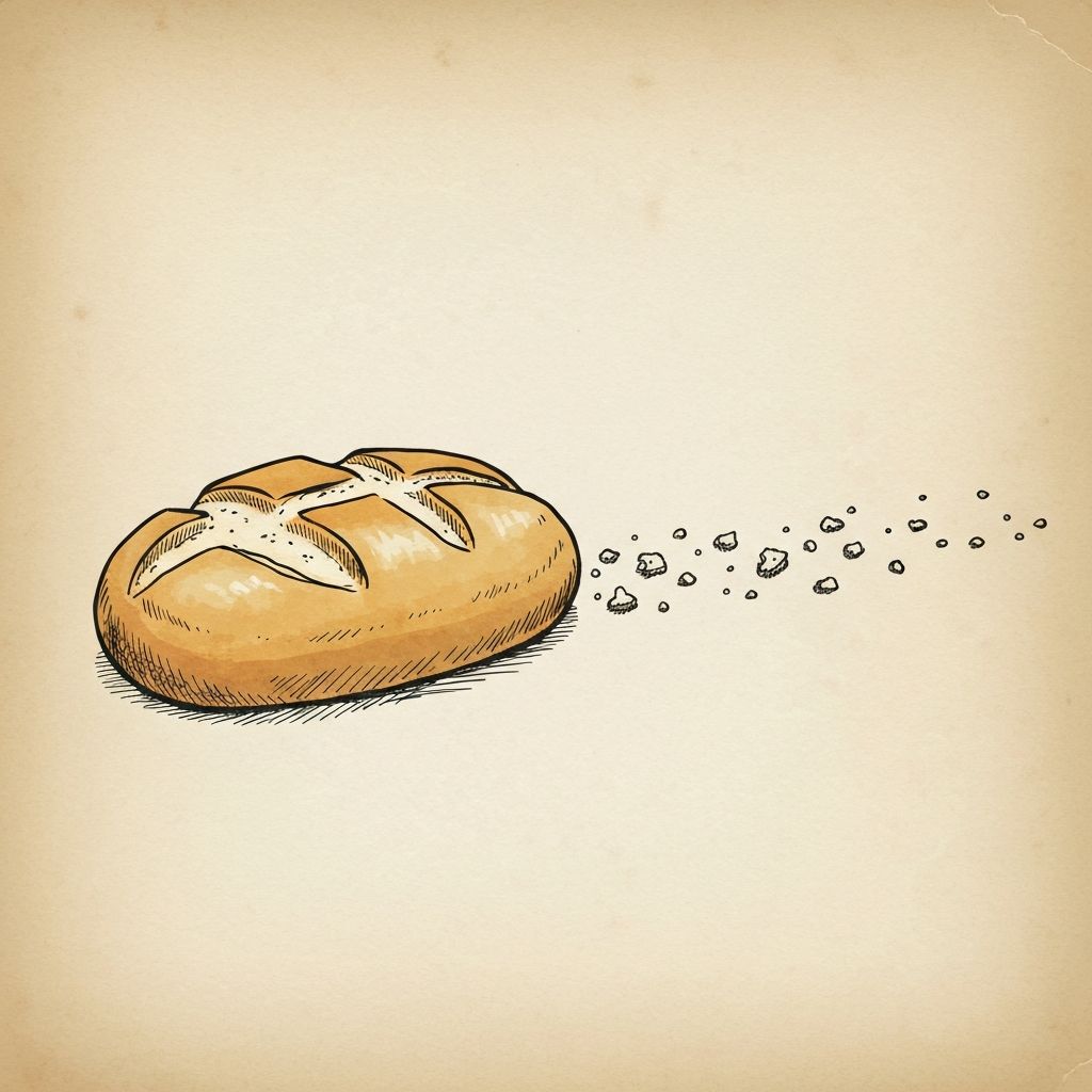 Bread loaf with crumbs trailing off